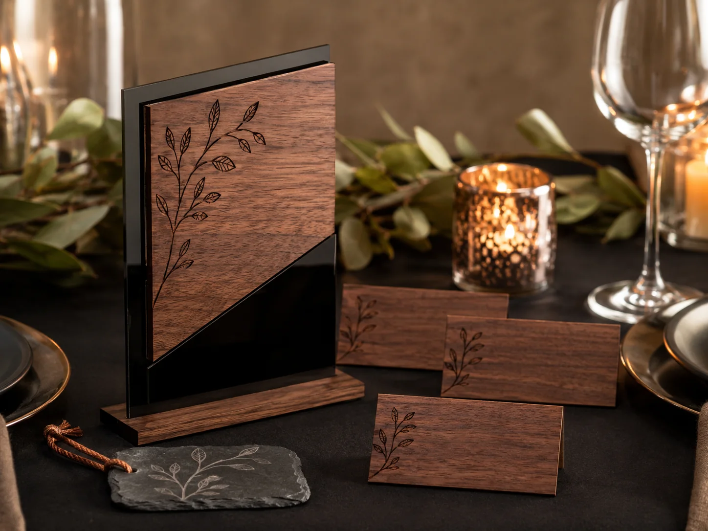 Concept example of a layered engraved award with walnut place cards and a slate favor