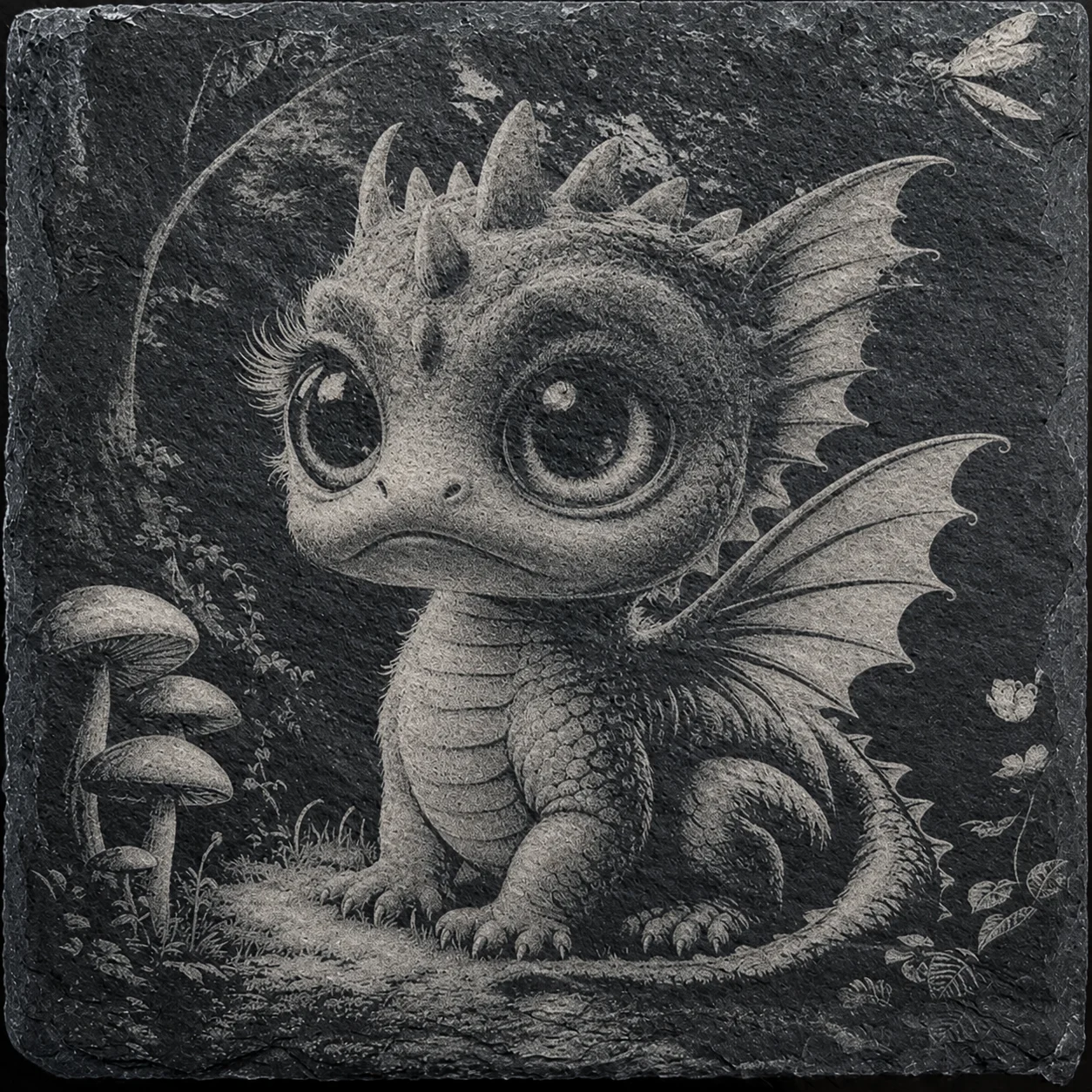 Baby dragon engraved into a natural slate coaster