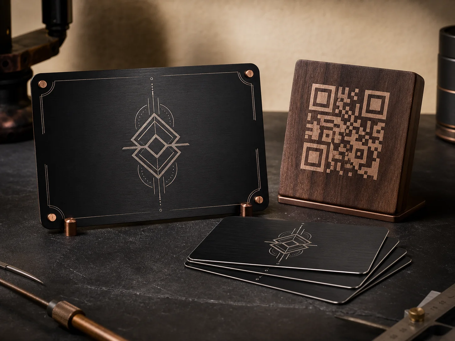 Concept example of engraved black metal business cards, a plaque, and a walnut QR display