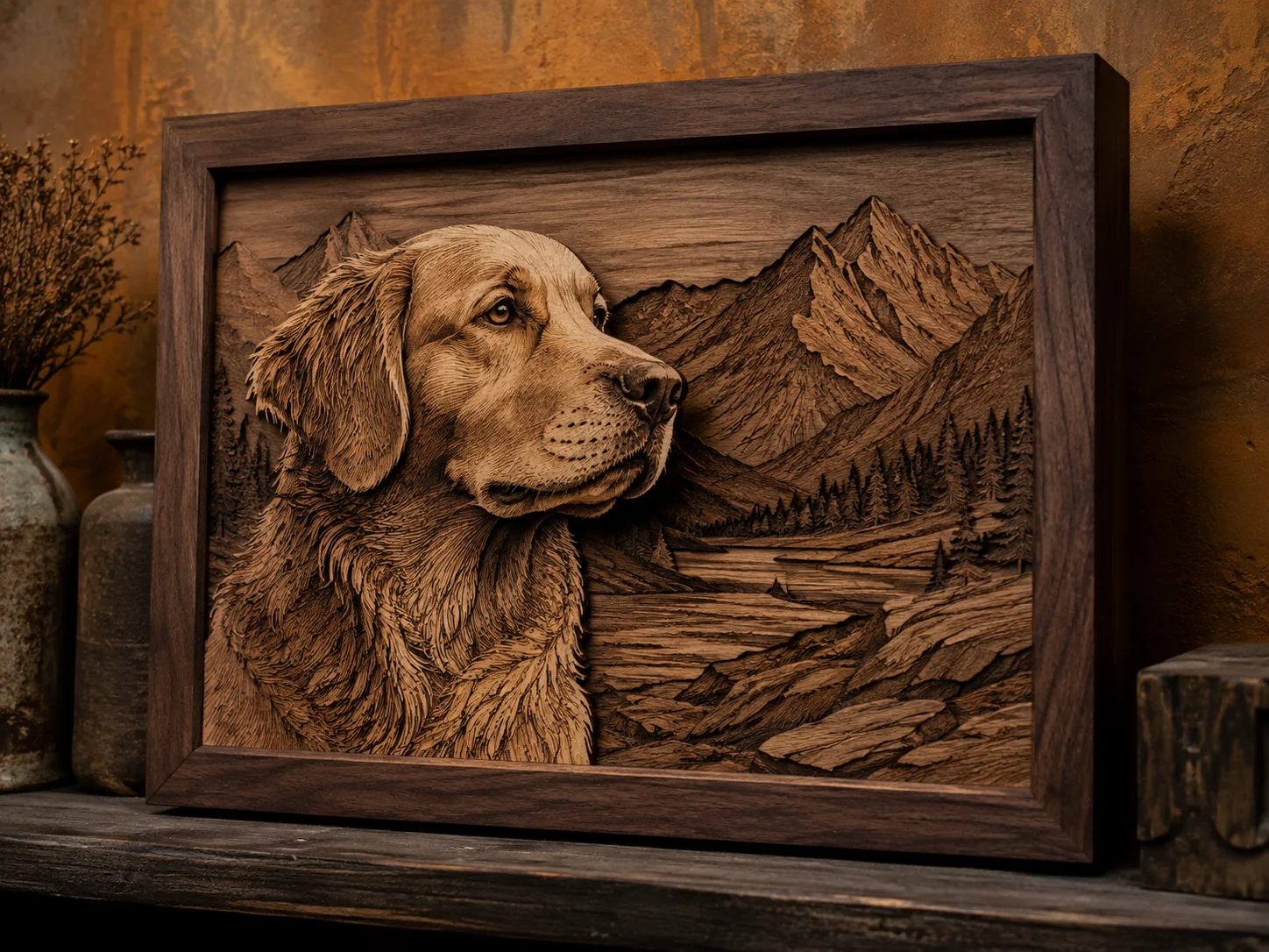Concept example of a dimensional walnut pet portrait relief in a mountain landscape
