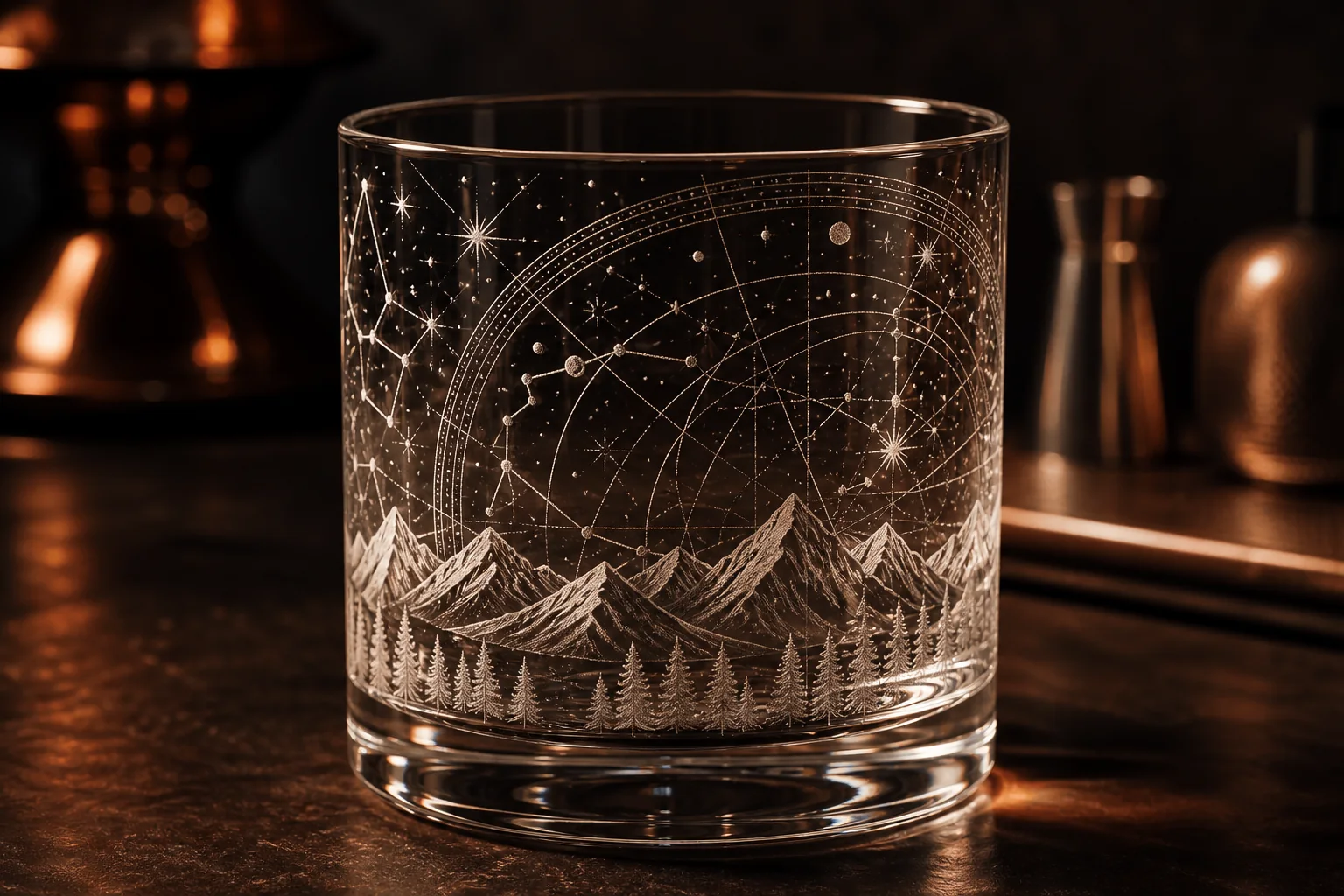 Whiskey glass engraved with a celestial map and mountain scene