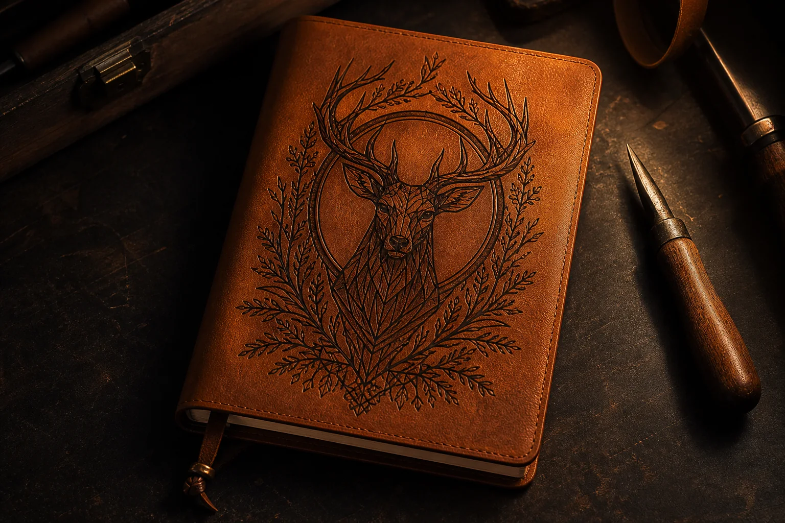 Cognac leather notebook engraved with a geometric stag and botanical design