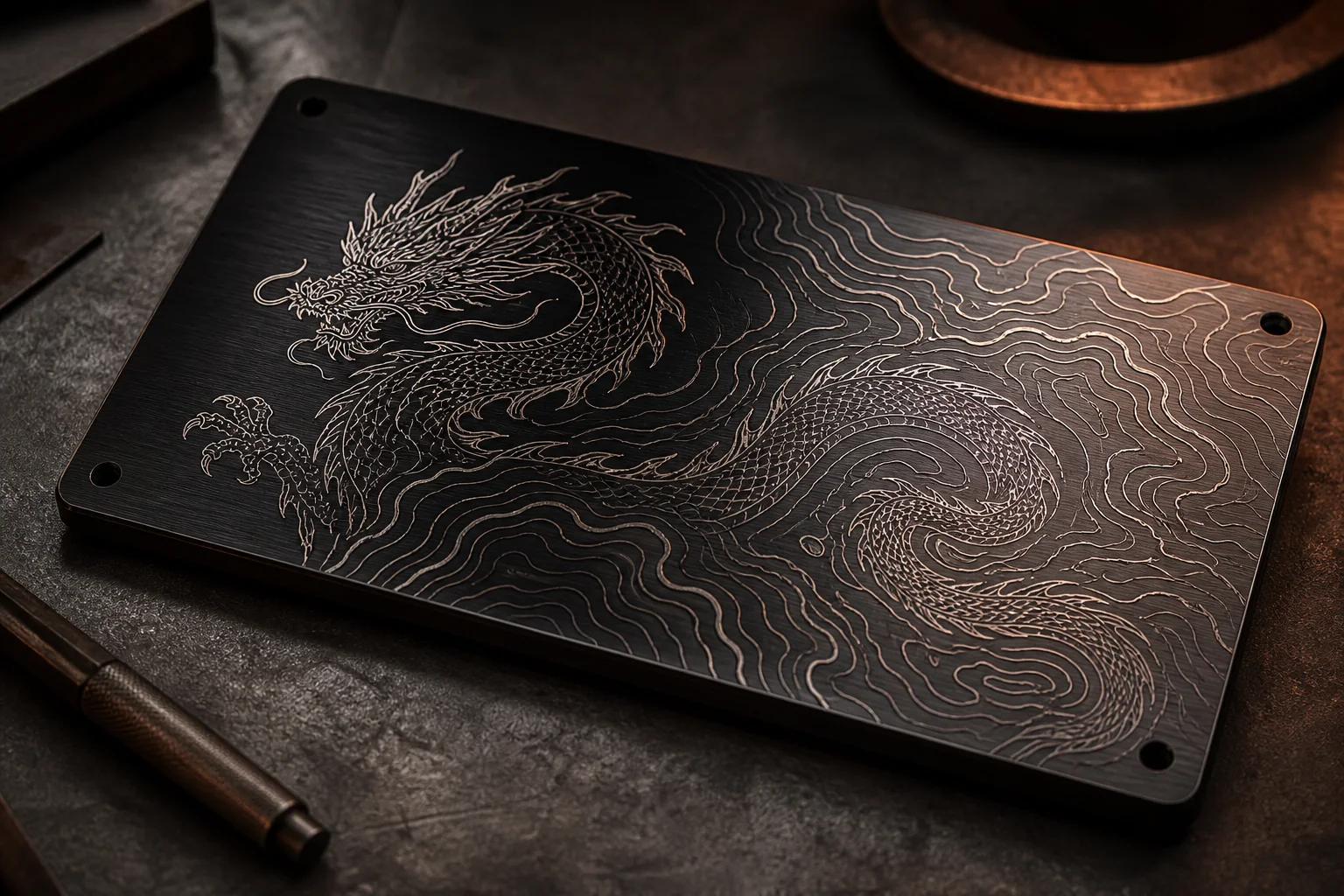Black anodized metal engraved with a detailed dragon and topographic lines