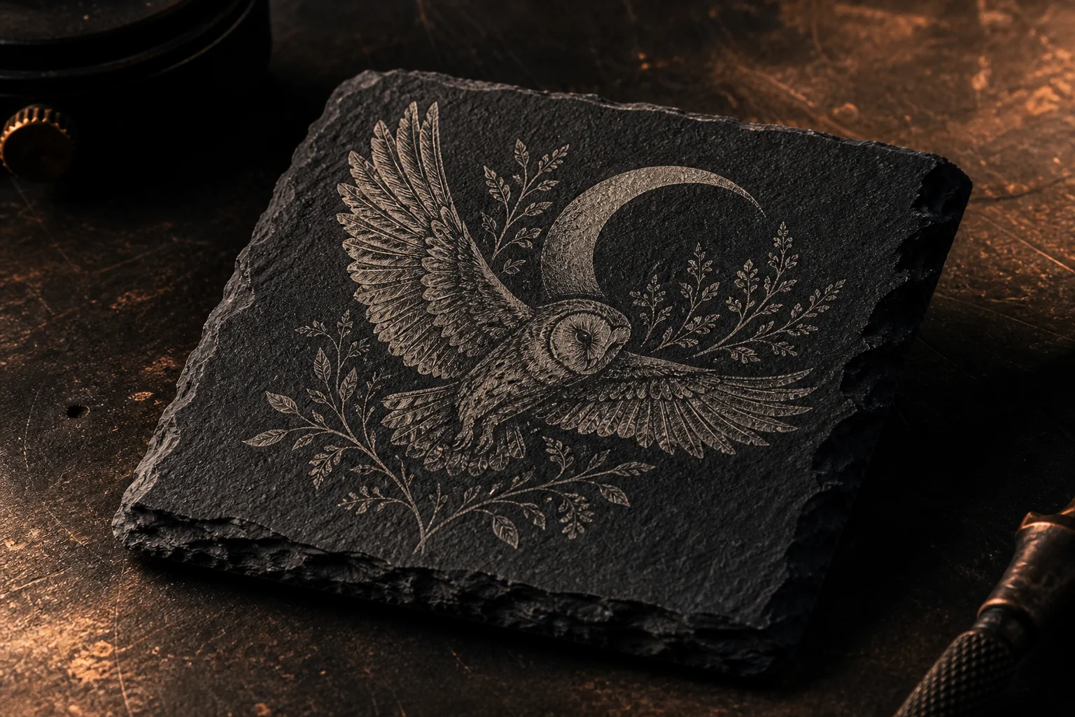 Natural black slate engraved with an owl, crescent moon, and botanical detail