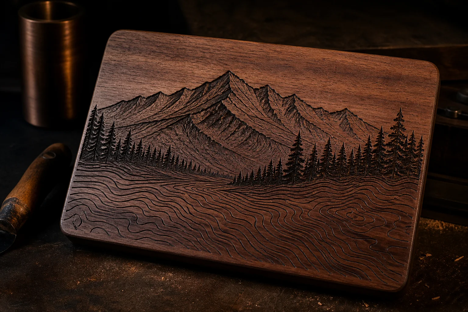Walnut plaque engraved with mountains, pine trees, and contour lines