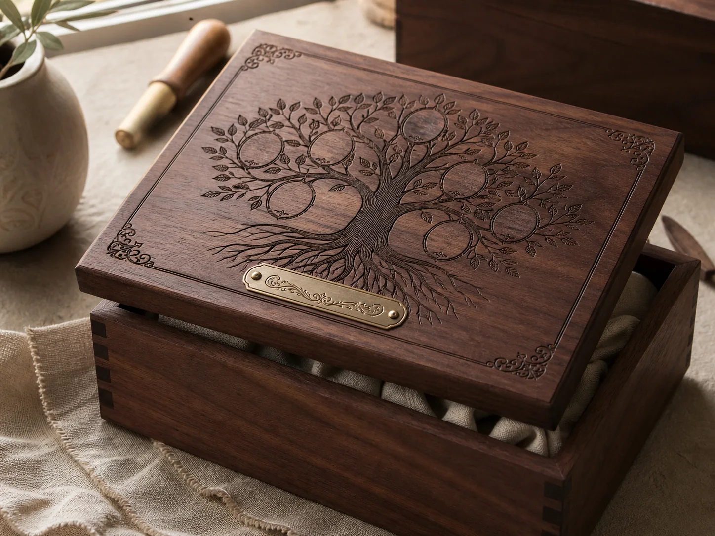 Concept example of a walnut keepsake box with a laser-engraved family-tree design